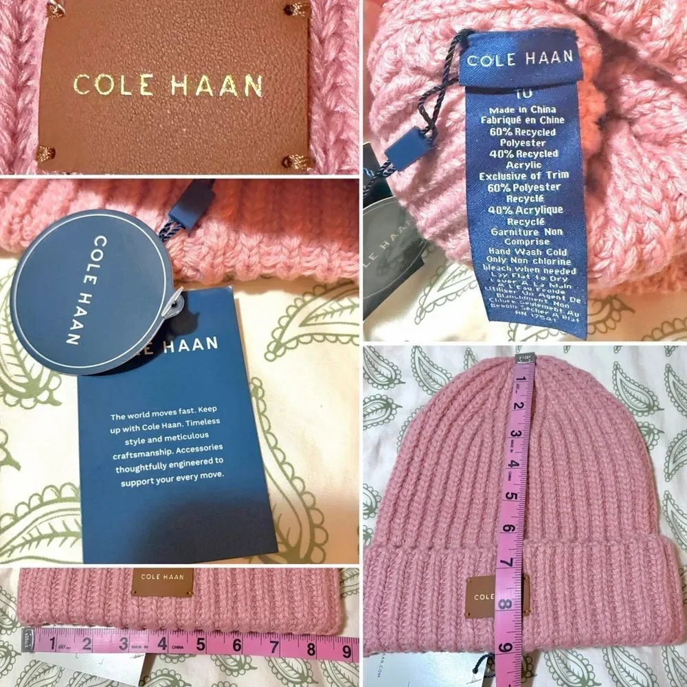 Cole Haan Logo Zephyr Pink Chunky Knit Cuffed Beanie Winter Hat OS